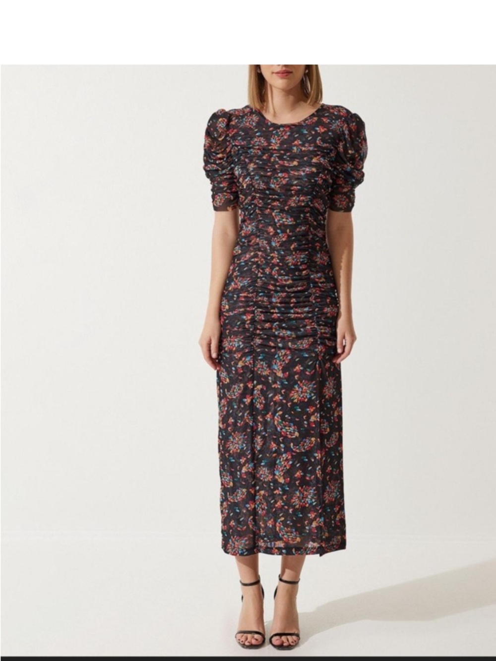 Free People Black Floral Ruched Puff-Sleeve Midi Dress